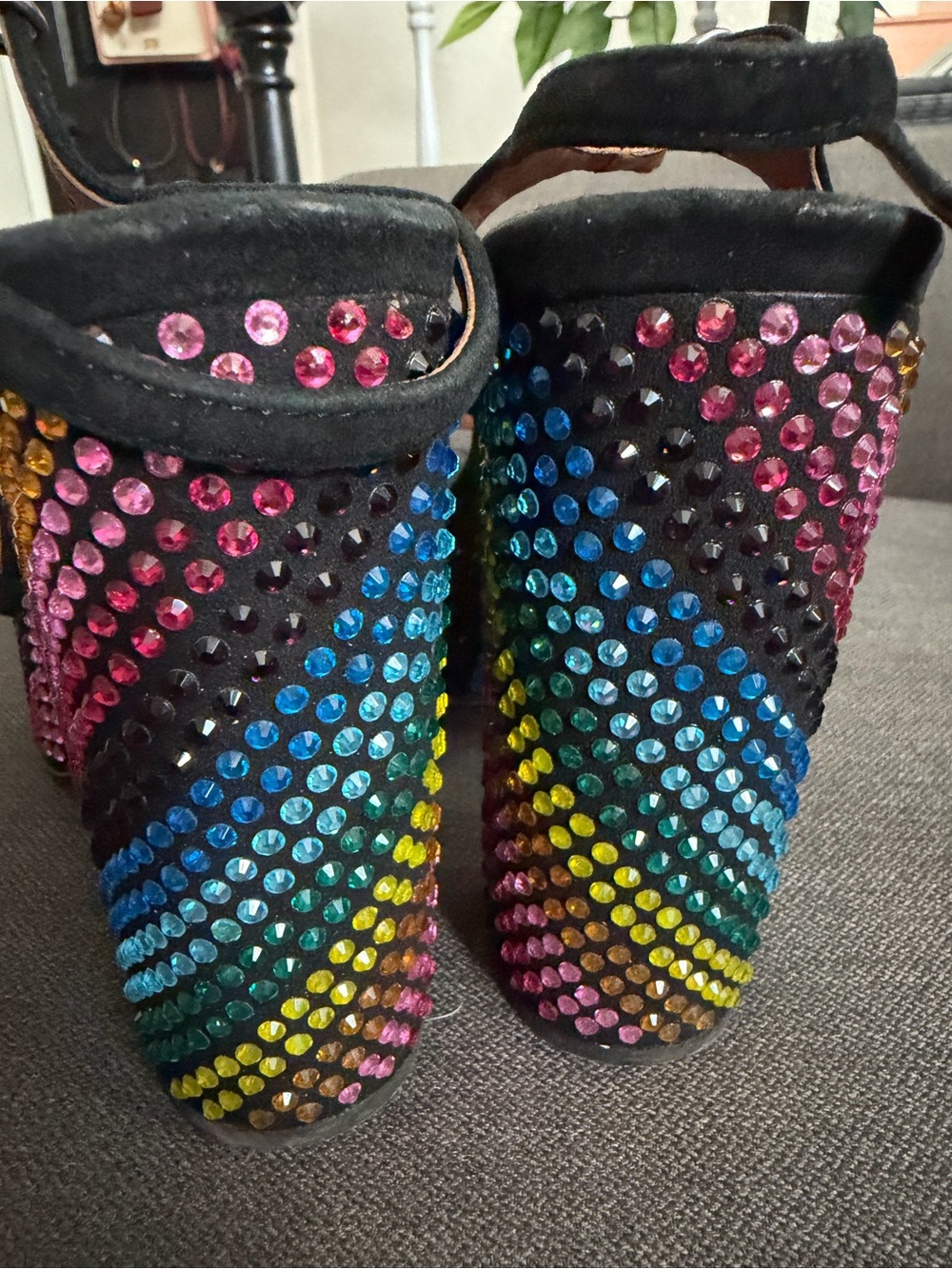 Kurt Geiger Black Suede Platform Sandals with Multicolor Rainbow Crystal Heel - Picture 5 of 7